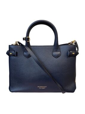 Burberry Navy Blue Saffiano Pebbled Leather Nova Check 2way Banner Satchel Ex+